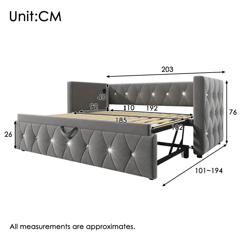 Velvet Upholstered Daybed with USB and Type C Ports, Pull-Out Trundle, Elegant Single Sofa Bed for Bedroom, 203L x 101-194W x 76H cm, Grey