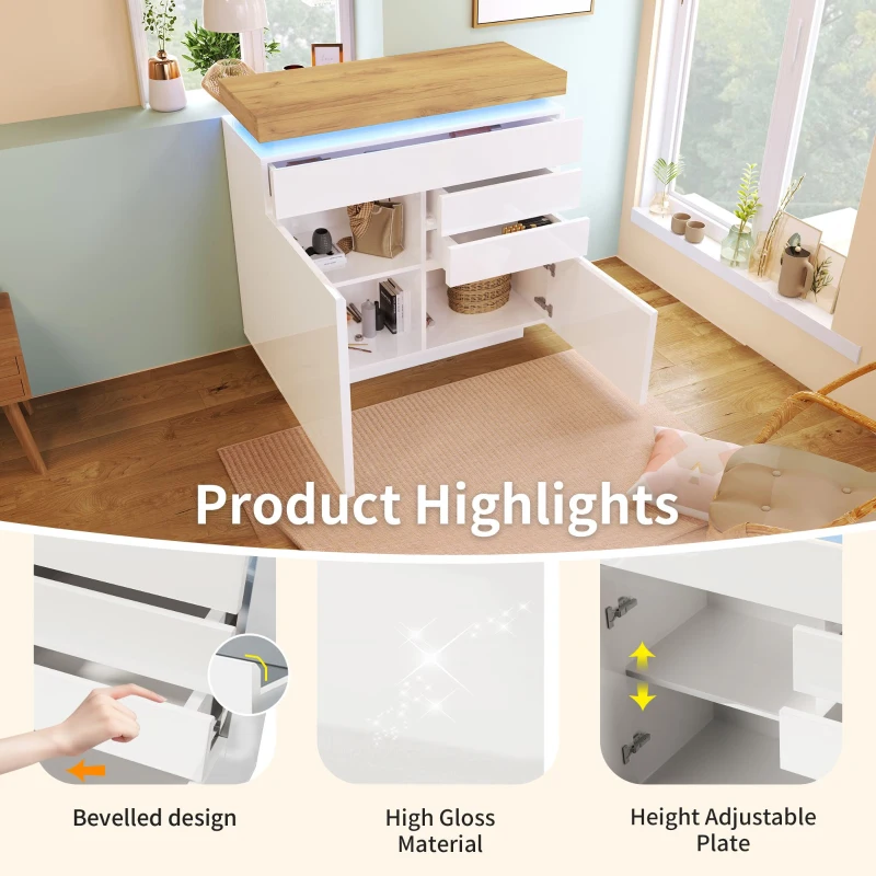 High-Gloss Chest of Drawers with 2 Doors and 3 Drawers, Sideboard Cabinet with App-Controlled LED Lighting, 110L x 39W x 115H cm, White