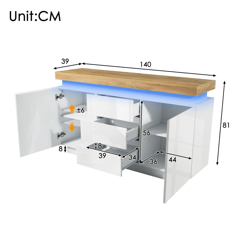 High-Gloss Chest of Drawers with 2 Doors and 3 Drawers, Sideboard Cabinet with App-Controlled LED Lighting, 140L x 39W x 81H cm, White