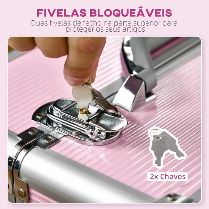 HOMCOM Mala de Maquilhagem Professional com Rodas 6 Gavetas Extensíveis Fechadura 2 Chaves e Alça Retrátil 36x23x58 cm Rosa