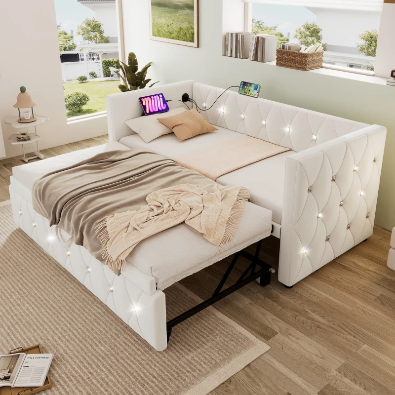 3 Seater Futon Bed with Fast Charging Ports & Removable Trundle, for Spontaneous Overnight Stays - Beige