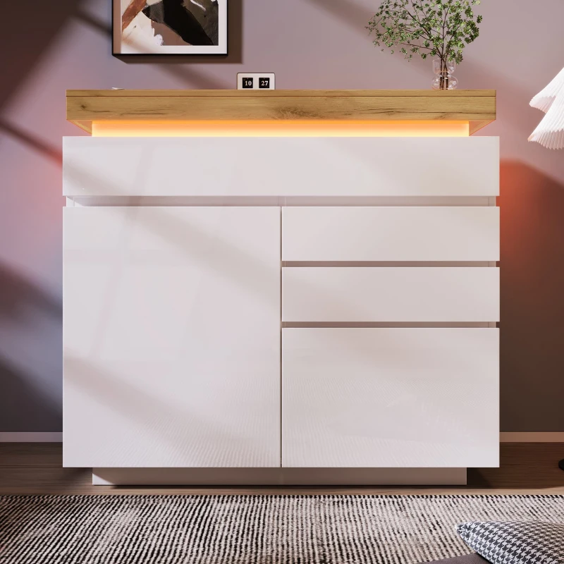 High-Gloss Chest of Drawers with 2 Doors and 3 Drawers, Sideboard Cabinet with App-Controlled LED Lighting, 110L x 39W x 115H cm, White