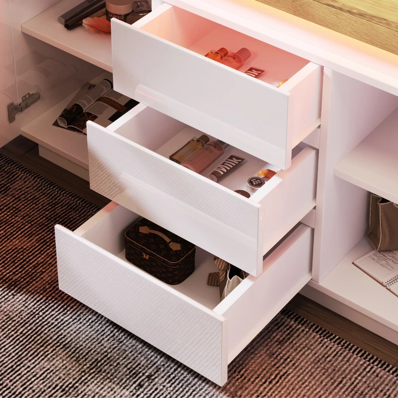 High-Gloss Chest of Drawers with 2 Doors and 3 Drawers, Sideboard Cabinet with App-Controlled LED Lighting, 140L x 39W x 81H cm, White