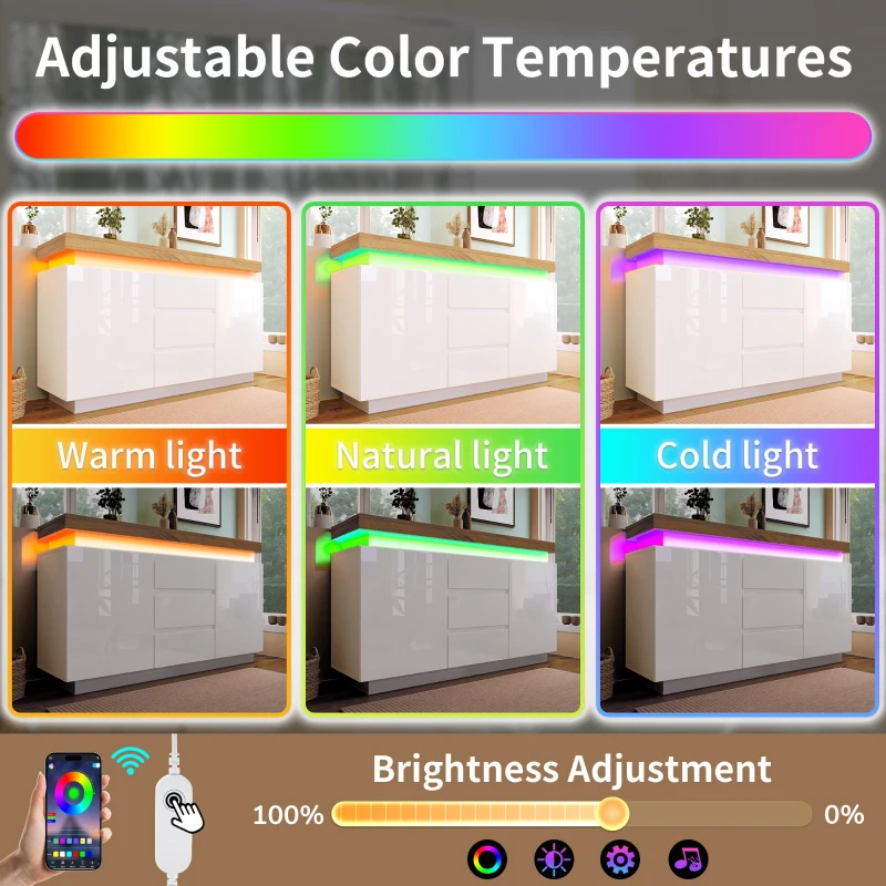 High-Gloss Chest of Drawers with 2 Doors and 3 Drawers, Sideboard Cabinet with App-Controlled LED Lighting, 140L x 39W x 81H cm, White