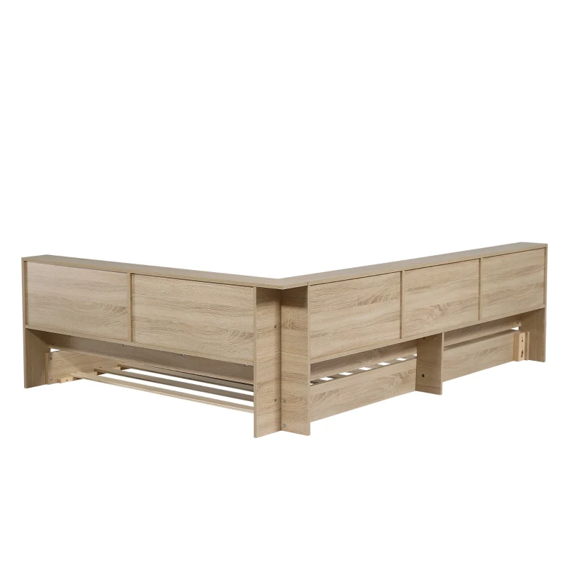 Wooden Double Bed with Ample Compartments Storage Space, Durable MDF and Plywood, Storage Bed with Minimalist Style, 208L x 153W x 60H cm, White Oak