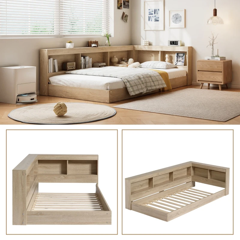3FT Single Bed with Storage Space, Durable MDF and Plywood, Wooden Bed Frame for Adults and Teenagers, 208L x 108W x 60H cm, White Oak
