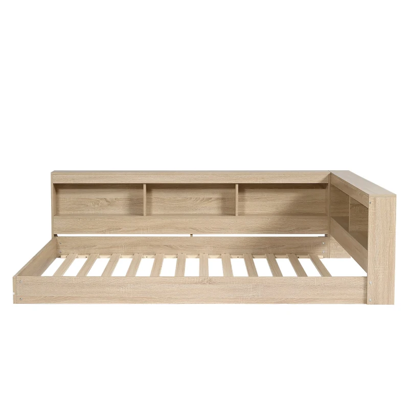 Wooden Double Bed with Ample Compartments Storage Space, Durable MDF and Plywood, Storage Bed with Minimalist Style, 208L x 153W x 60H cm, White Oak