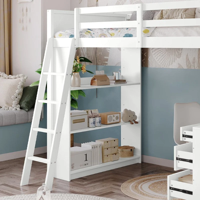 4-Step Ladder Bunk Bed with Drawers and Shelves, Study Space, Safety Guardrails, Versatile Bed for Teenagers, 195L x 131W x 170H cm, White