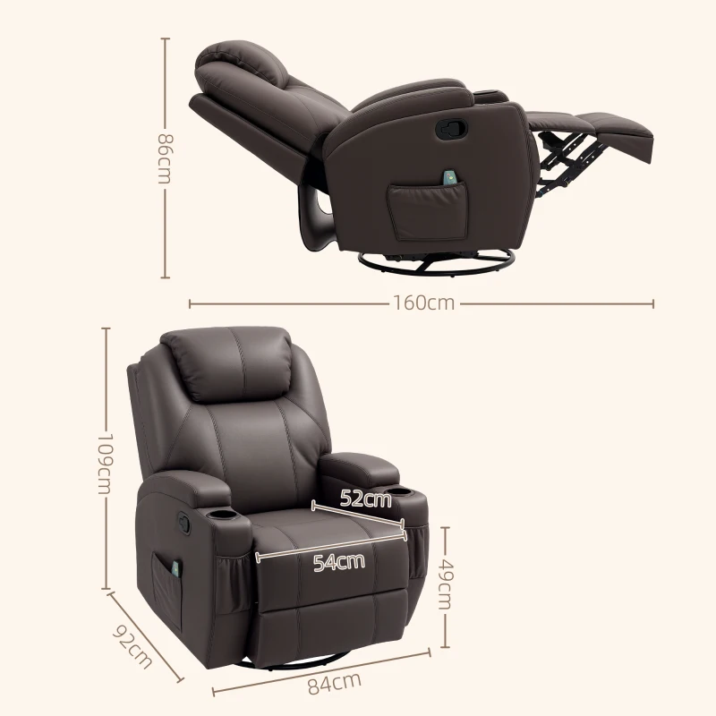 HOMCOM Fotoliu Rabatabil Manual, Fotoliu Electric Rotativ cu Telecomandă și Suport pentru Picioare, 84x92x109 cm, Maro