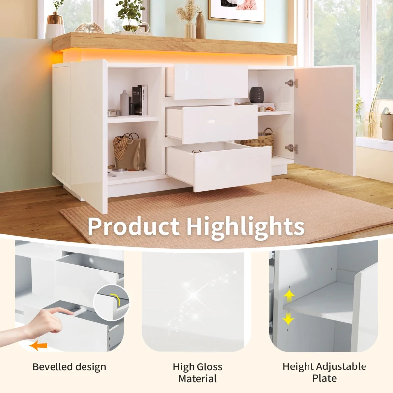 High-Gloss Chest of Drawers with 2 Doors and 3 Drawers, Sideboard Cabinet with App-Controlled LED Lighting, 140L x 39W x 81H cm, White