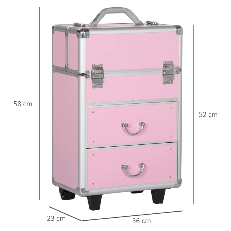 HOMCOM Mala de Maquilhagem Professional com Rodas 6 Gavetas Extensíveis Fechadura 2 Chaves e Alça Retrátil 36x23x58 cm Rosa