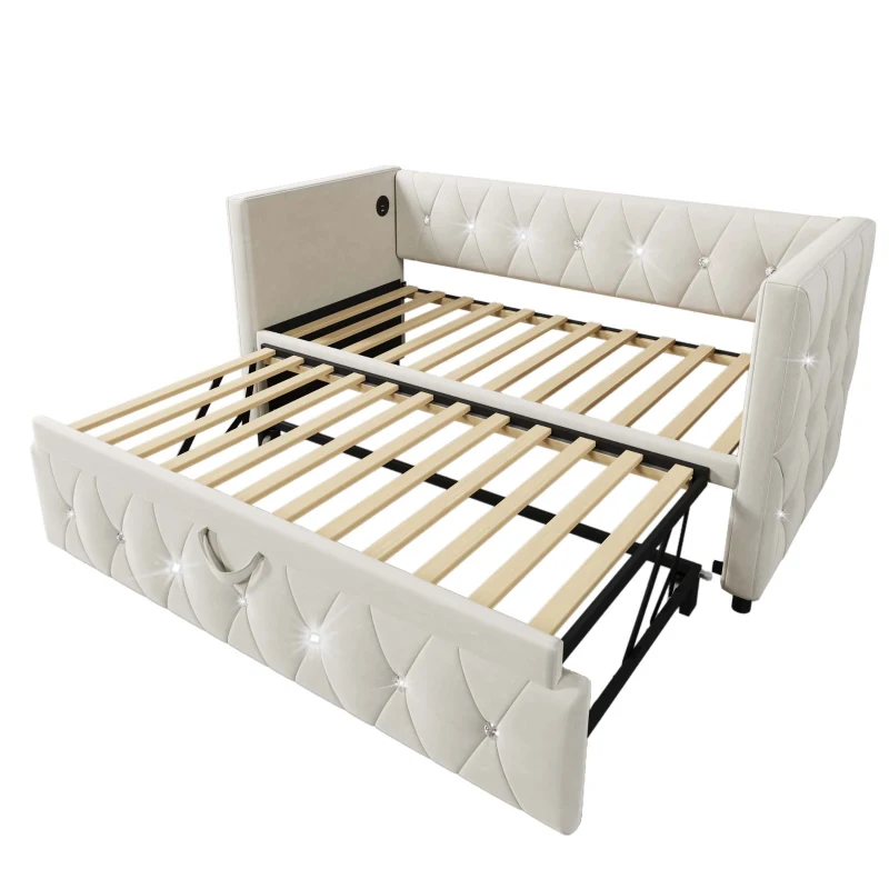 3 Seater Futon Bed with Fast Charging Ports & Removable Trundle, for Spontaneous Overnight Stays - Beige