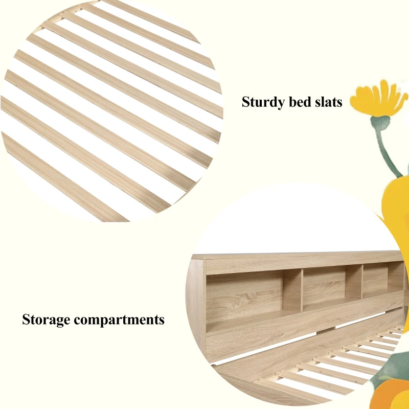 Wooden Double Bed with Ample Compartments Storage Space, Durable MDF and Plywood, Storage Bed with Minimalist Style, 208L x 153W x 60H cm, White Oak