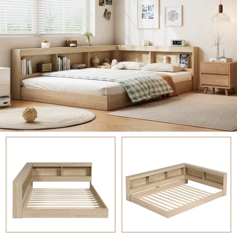 Wooden Double Bed with Ample Compartments Storage Space, Durable MDF and Plywood, Storage Bed with Minimalist Style, 208L x 153W x 60H cm, White Oak