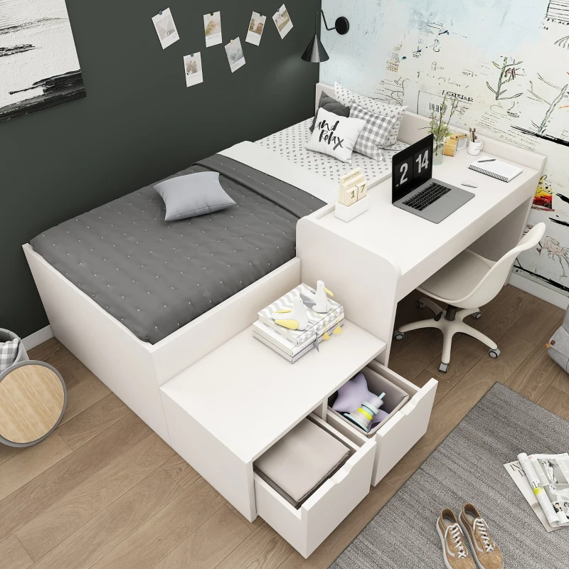 Kids Single Bed with Desk and Storage Drawers, Solid Wood Bed Frame, 195L x 137W x 82.5H cm, White