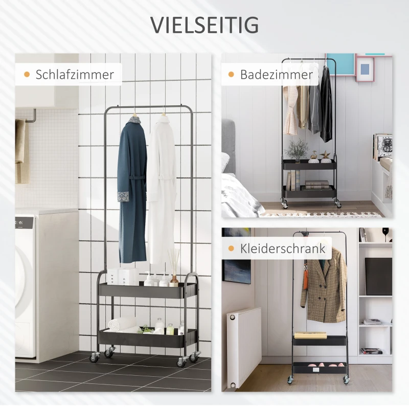 HOMCOM Metalen Kledingrek met Schoenenplank, Verrijdbaar, Vrijstaand, Zwart