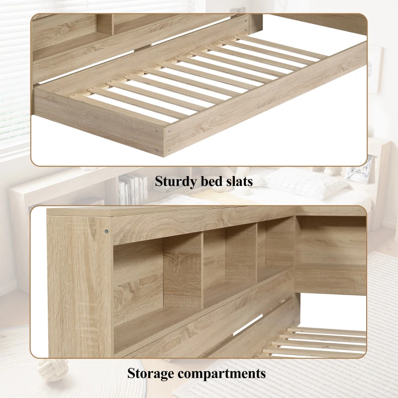 3FT Single Bed with Storage Space, Durable MDF and Plywood, Wooden Bed Frame for Adults and Teenagers, 208L x 108W x 60H cm, White Oak