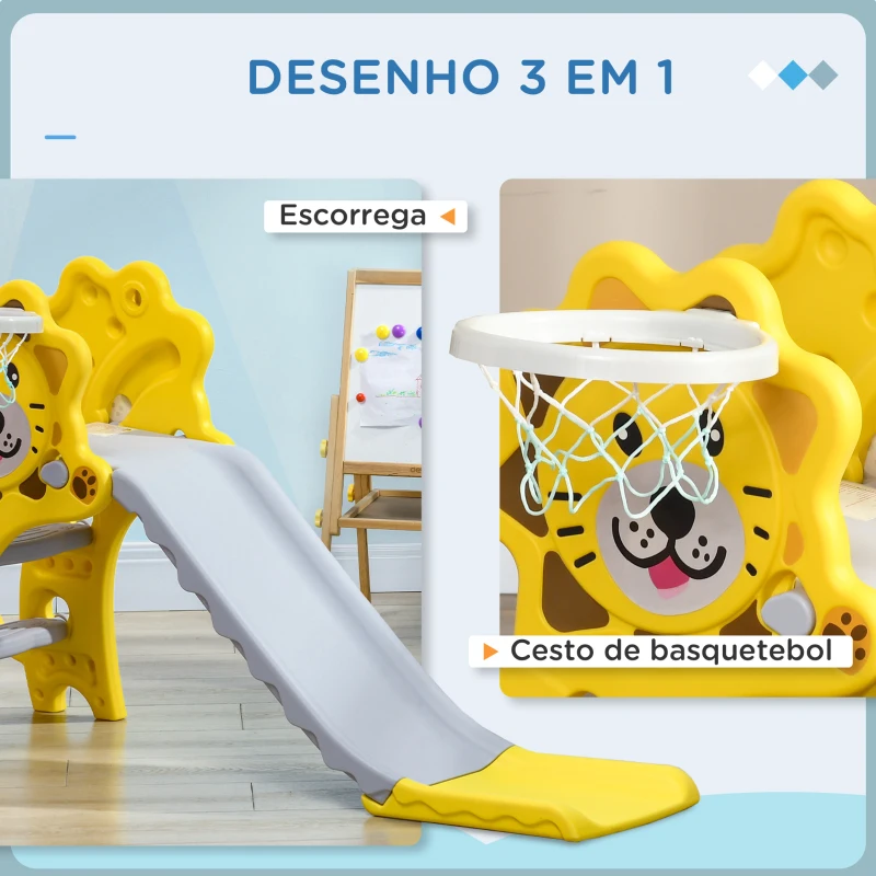 AIYAPLAY Escorrega para Crianças 2 em 1 com 2 Degraus Cesta de basquetebol e Desenho de Leão para Interior 131x50x74 cm Amarelo e Cinza