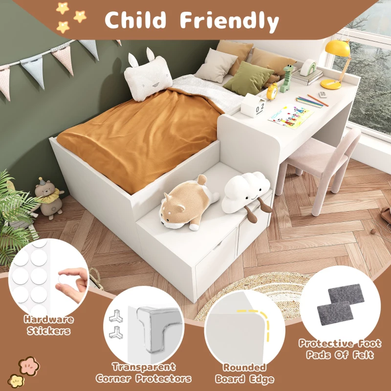 Kids Single Bed with Desk and Storage Drawers, Solid Wood Bed Frame, 195L x 137W x 82.5H cm, White