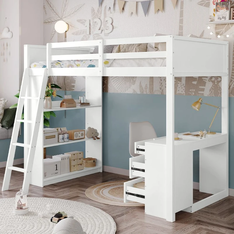 4-Step Ladder Bunk Bed with Drawers and Shelves, Study Space, Safety Guardrails, Versatile Bed for Teenagers, 195L x 131W x 170H cm, White