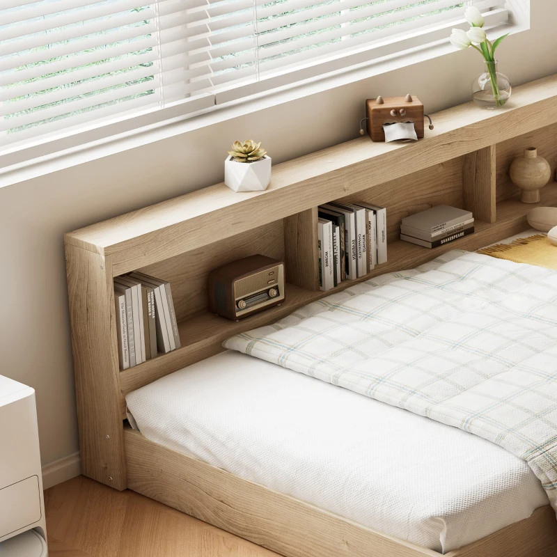 3FT Single Bed with Storage Space, Durable MDF and Plywood, Wooden Bed Frame for Adults and Teenagers, 208L x 108W x 60H cm, White Oak