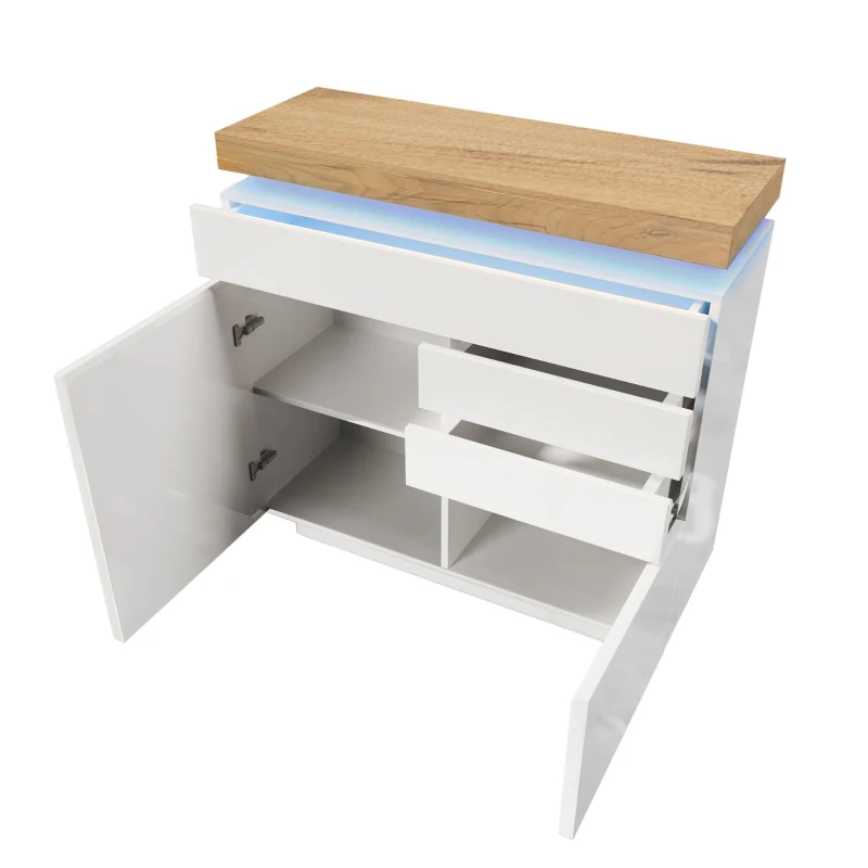 High-Gloss Chest of Drawers with 2 Doors and 3 Drawers, Sideboard Cabinet with App-Controlled LED Lighting, 110L x 39W x 115H cm, White