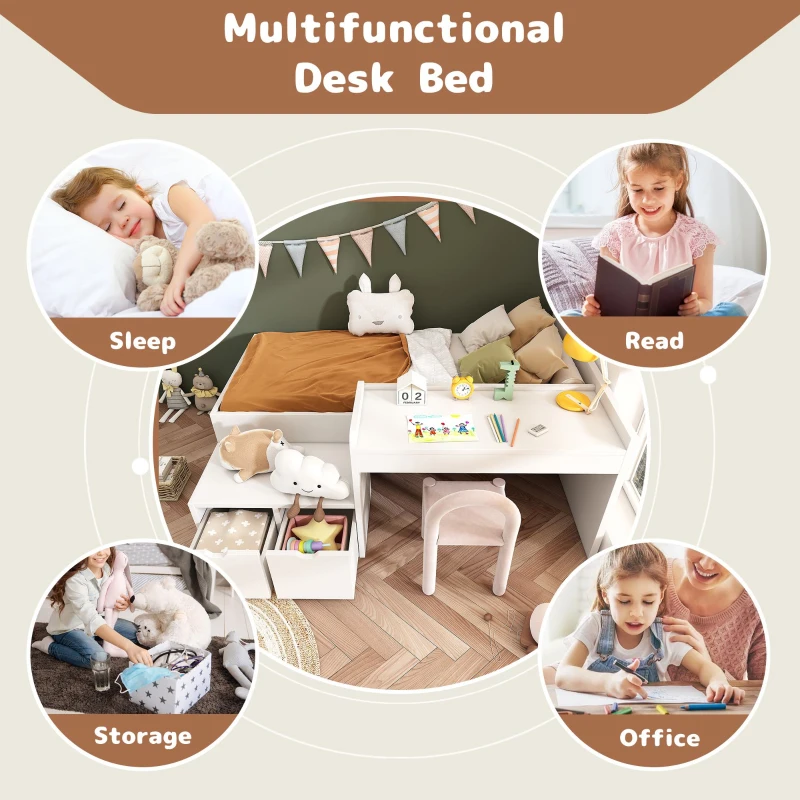 Kids Single Bed with Desk and Storage Drawers, Solid Wood Bed Frame, 195L x 137W x 82.5H cm, White