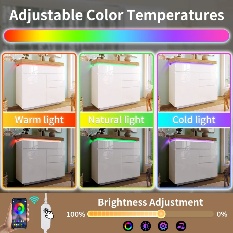 High-Gloss Chest of Drawers with 2 Doors and 3 Drawers, Sideboard Cabinet with App-Controlled LED Lighting, 110L x 39W x 115H cm, White