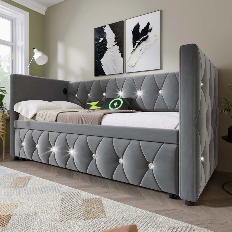 Velvet Upholstered Daybed with USB and Type C Ports, Pull-Out Trundle, Elegant Single Sofa Bed for Bedroom, 203L x 101-194W x 76H cm, Grey