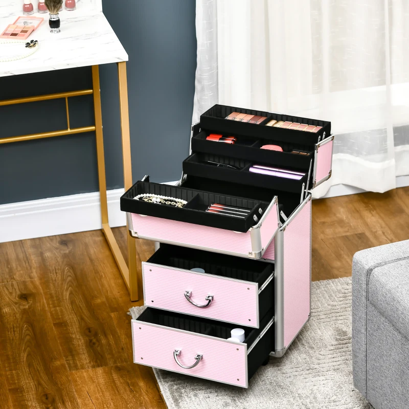 HOMCOM Mala de Maquilhagem Professional com Rodas 6 Gavetas Extensíveis Fechadura 2 Chaves e Alça Retrátil 36x23x58 cm Rosa