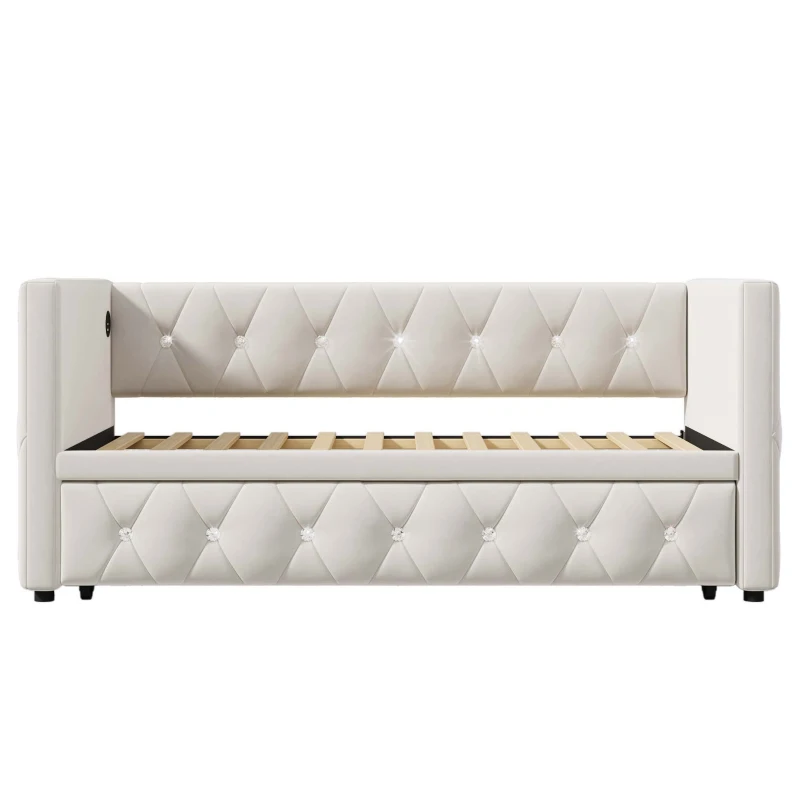 3 Seater Futon Bed with Fast Charging Ports & Removable Trundle, for Spontaneous Overnight Stays - Beige