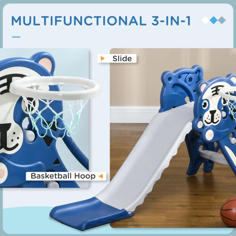 AIYAPLAY 3 in 1 Baby Slide for Indoor Use with Climber, Basketball Hoop, Basketball, for Ages 18-36 Months - Blue