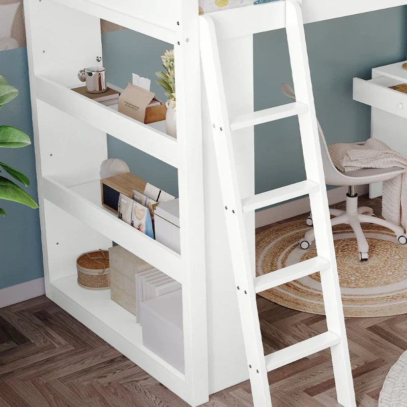 4-Step Ladder Bunk Bed with Drawers and Shelves, Study Space, Safety Guardrails, Versatile Bed for Teenagers, 195L x 131W x 170H cm, White