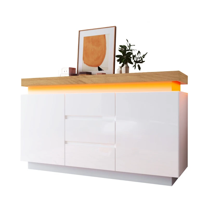 High-Gloss Chest of Drawers with 2 Doors and 3 Drawers, Sideboard Cabinet with App-Controlled LED Lighting, 140L x 39W x 81H cm, White