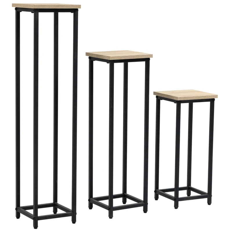 Outsunny 3-teiliges Set Pflanzenständer stapelbar platzsparend 21 cm x 21 cm x 50/70/90 cm Stahl Braun + Schwarz
