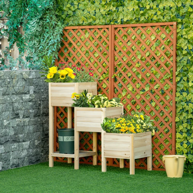 Outsunny Hochbeet 3 Etagen aus Holz mit Ablageboden & 3 Entwässerungslöchern für Garten Balkon Natur 125 x 45 x 108 cm