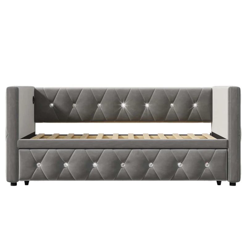 Velvet Upholstered Daybed with USB and Type C Ports, Pull-Out Trundle, Elegant Single Sofa Bed for Bedroom, 203L x 101-194W x 76H cm, Grey