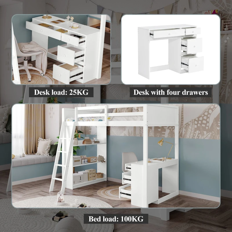 4-Step Ladder Bunk Bed with Drawers and Shelves, Study Space, Safety Guardrails, Versatile Bed for Teenagers, 195L x 131W x 170H cm, White