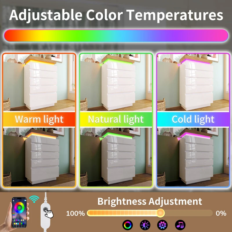 High-Gloss Storage Cabinet with 6 Drawers, LED lighting Chest of Drawers for Bedroom, Living Room, 73L x 39W x 115H cm, White