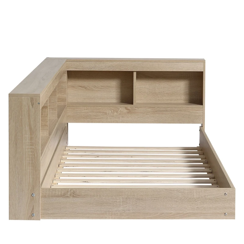 3FT Single Bed with Storage Space, Durable MDF and Plywood, Wooden Bed Frame for Adults and Teenagers, 208L x 108W x 60H cm, White Oak