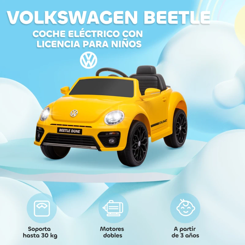 AIYAPLAY Coche Eléctrico para Niños de +3 Años Volkswagen Beetle con Batería 12V Mando a Distancia Faros Bocina y Música Amarillo