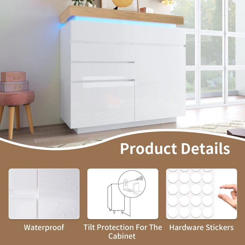 High-Gloss Chest of Drawers with 2 Doors and 3 Drawers, Sideboard Cabinet with App-Controlled LED Lighting, 110L x 39W x 115H cm, White