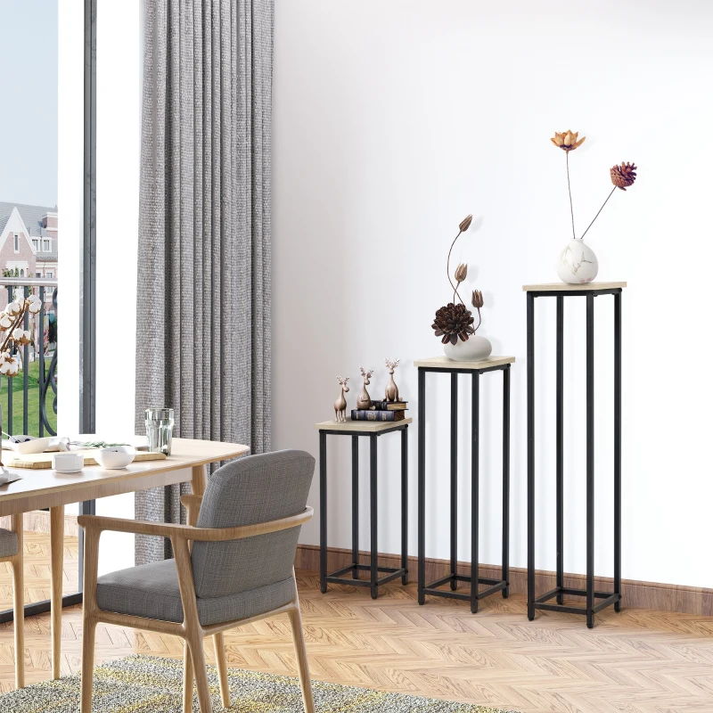 Outsunny 3-teiliges Set Pflanzenständer stapelbar platzsparend 21 cm x 21 cm x 50/70/90 cm Stahl Braun + Schwarz