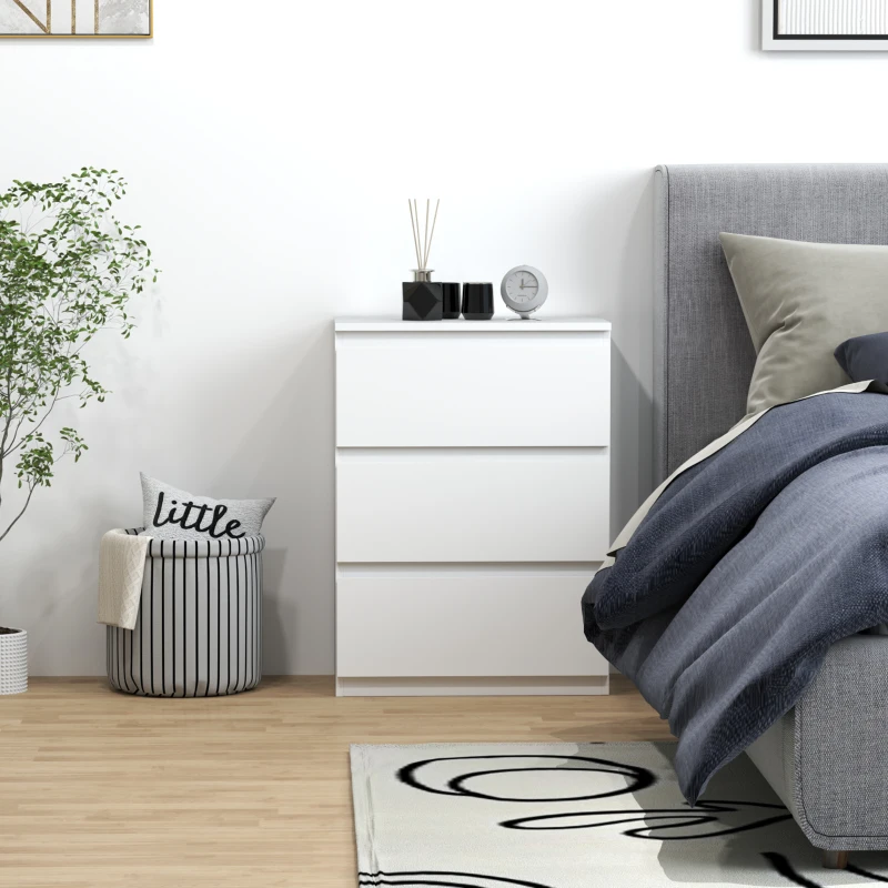 HOMCOM Cómoda com 3 Gavetas de Madeira Cómoda de Dormitório Cómoda Branca Estilo Moderno 55x34x75 cm Branco Brilhante