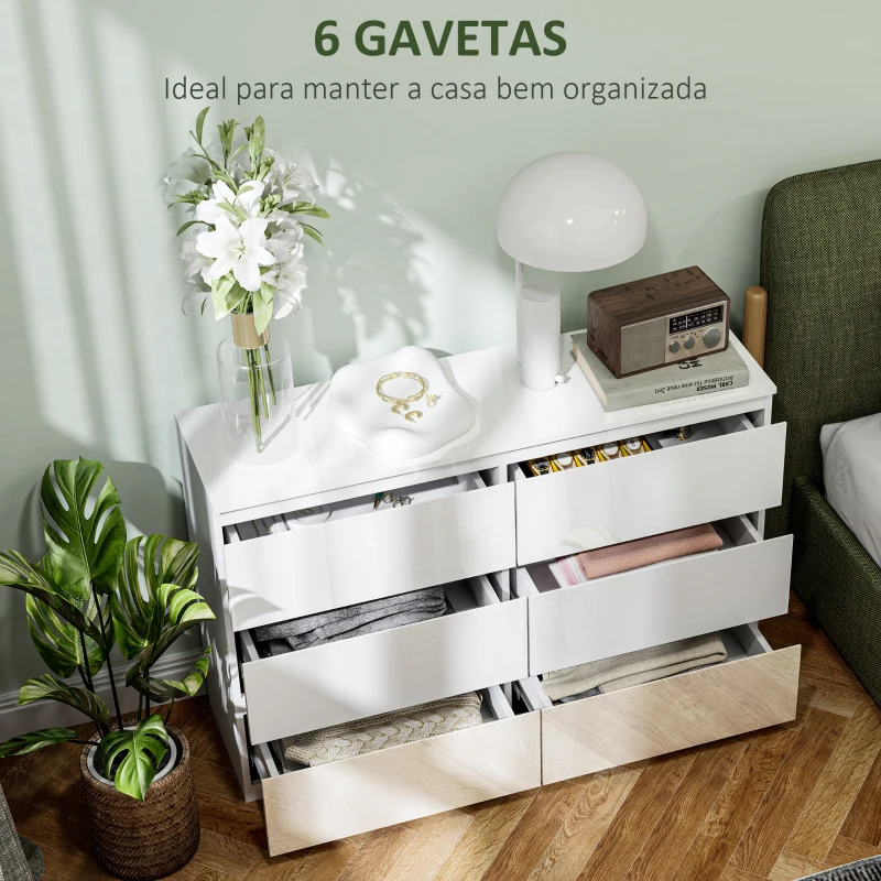 HOMCOM Cómoda com 6 Gavetas de Madeira Cómoda de Dormitório Cómoda Branca Estilo Moderno 112x34x75 cm Branco Brilhante