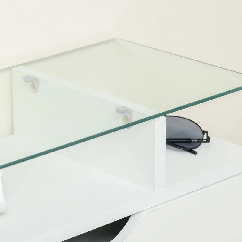 HOMCOM Móvel Sapateira de 2 Portas Sapateira Estreito para 16 Pares de Sapatos com Gaveta Prateleira Aberta e Bancada de Vidro para Corredor Entrada 89x23x96cm Branco
