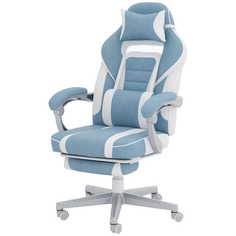 HOMCOM Silla Gamer Reclinable con Altura Ajustable Reposapiés Retráctil Soporte Lumbar y Reposacabezas Desmontable Azul