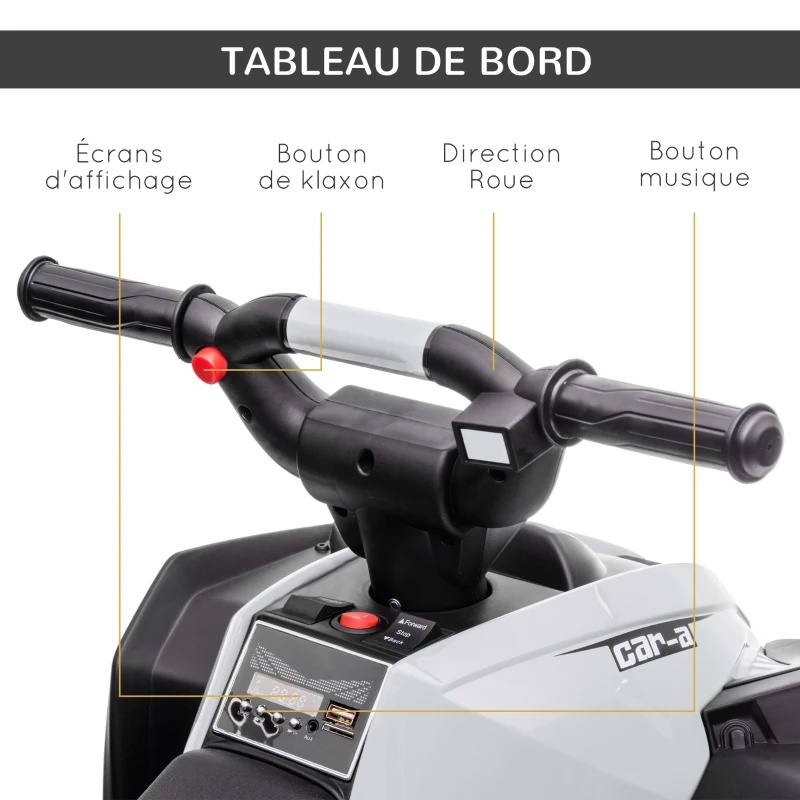 HOMCOM Kinder-Quad Elektrisches Kinderauto, 6 km/h, Sound- und Lichteffekte, : 83 cm x 53 cm x 55,5 cm, Schwarz + Weiß