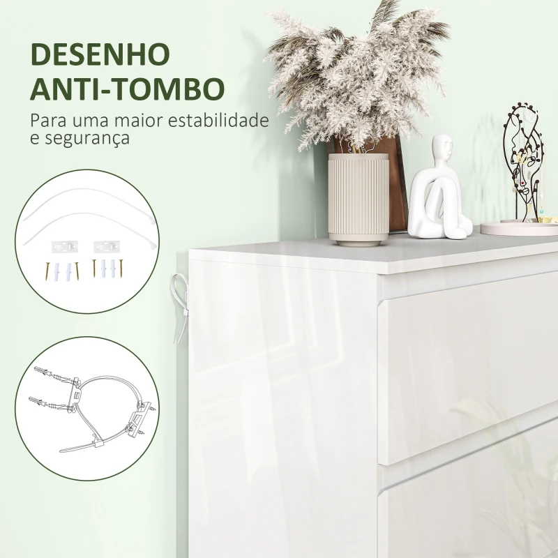 HOMCOM Cómoda com 6 Gavetas de Madeira Cómoda de Dormitório Cómoda Branca Estilo Moderno 112x34x75 cm Branco Brilhante