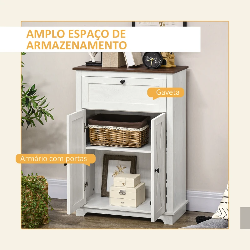 HOMCOM Aparador para Sala de Estar com Portas Duplas Gaveta e Prateleira Ajustável para Cozinha Dormitório 60x30x87,4 cm Branco